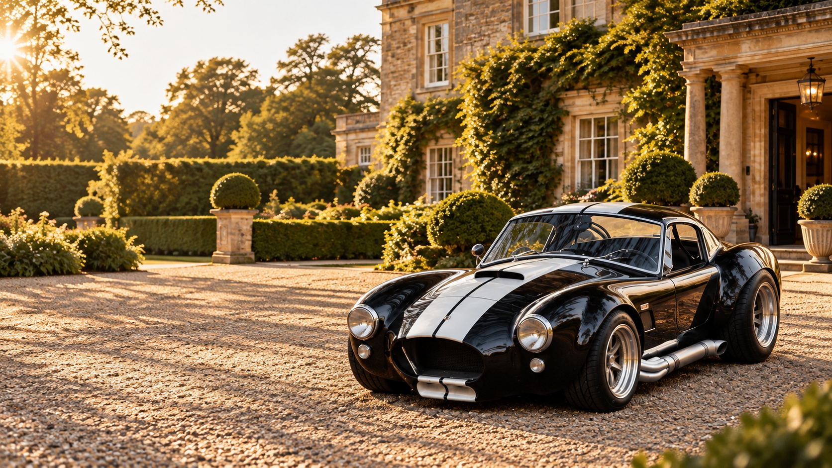 Black Cobra-style V8 roadster with hard top and white stripes outside a country hotel at golden hour