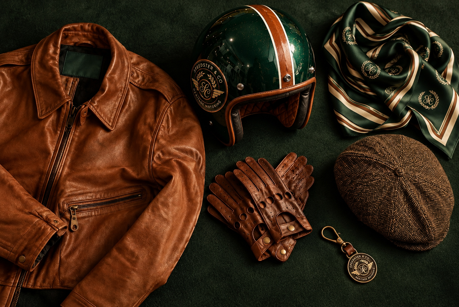 Leather jacket, green helmet, silk scarf, driving gloves, flat cap and key ring
