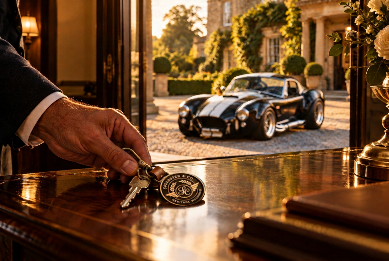 A handover key on a polished wooden desk, its round brass Speedster & Co medallion lying beside a hard-top Cobra-style V8 roadster parked outside at golden hour